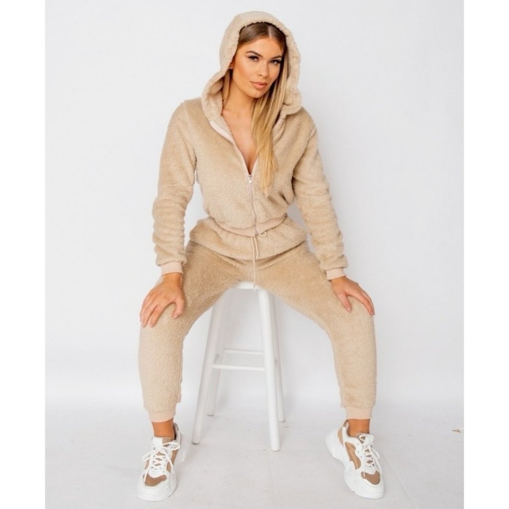 Beige Teddy Bear Fur Long Sleeve Hooded Crop Top and Jogger Pants Two Piece Set - Picture 7 of 11
